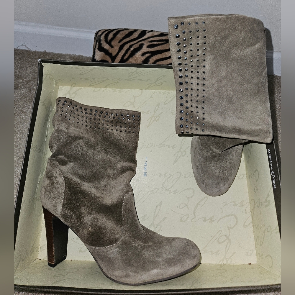 Enzo Angiolini Taupe Suede Studded Heeled Boots